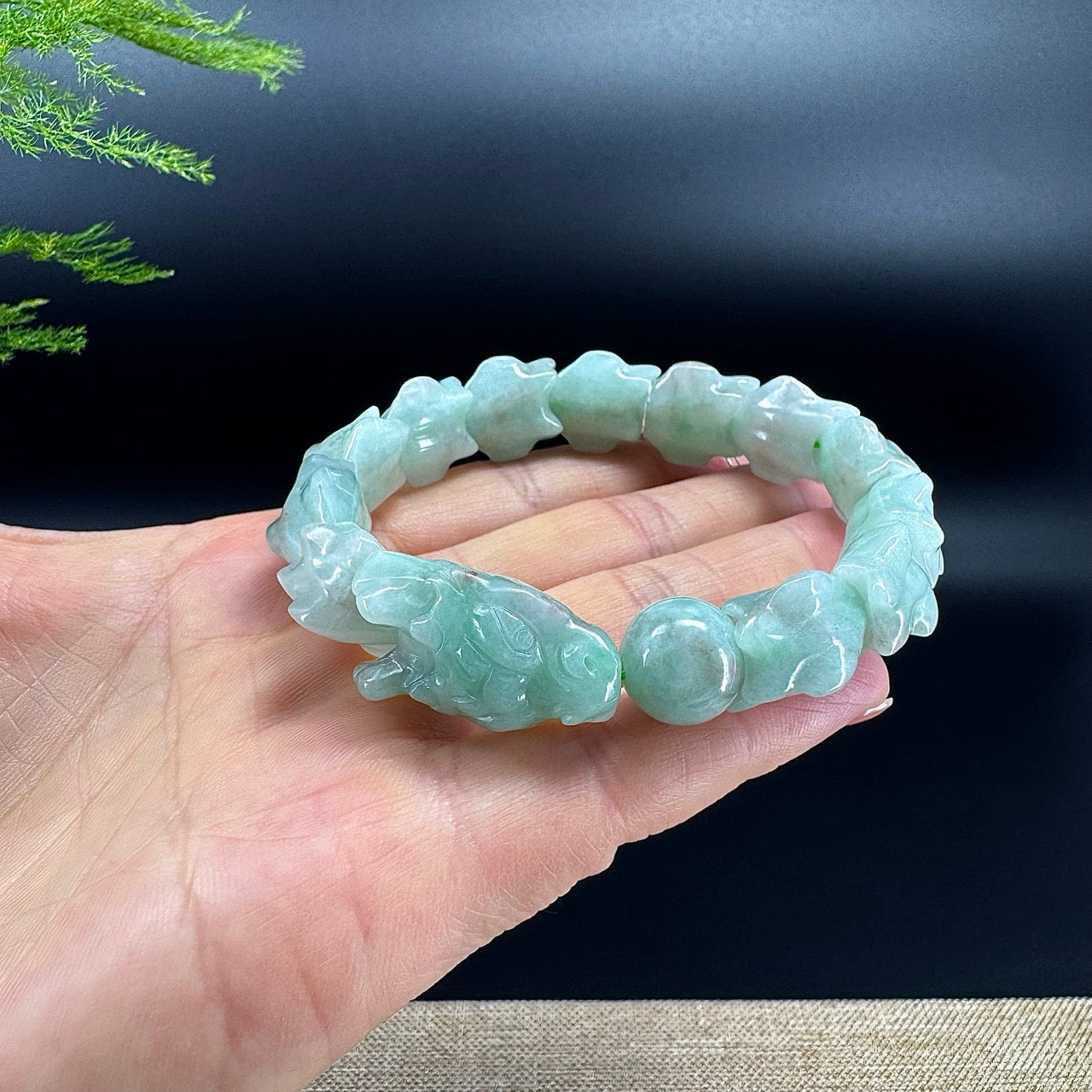 Natural Green Jadeite Jade Dragon Beads Bracelet