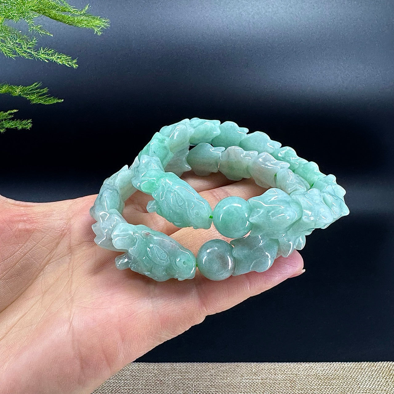 Natural Green Jadeite Jade Dragon Beads Bracelet