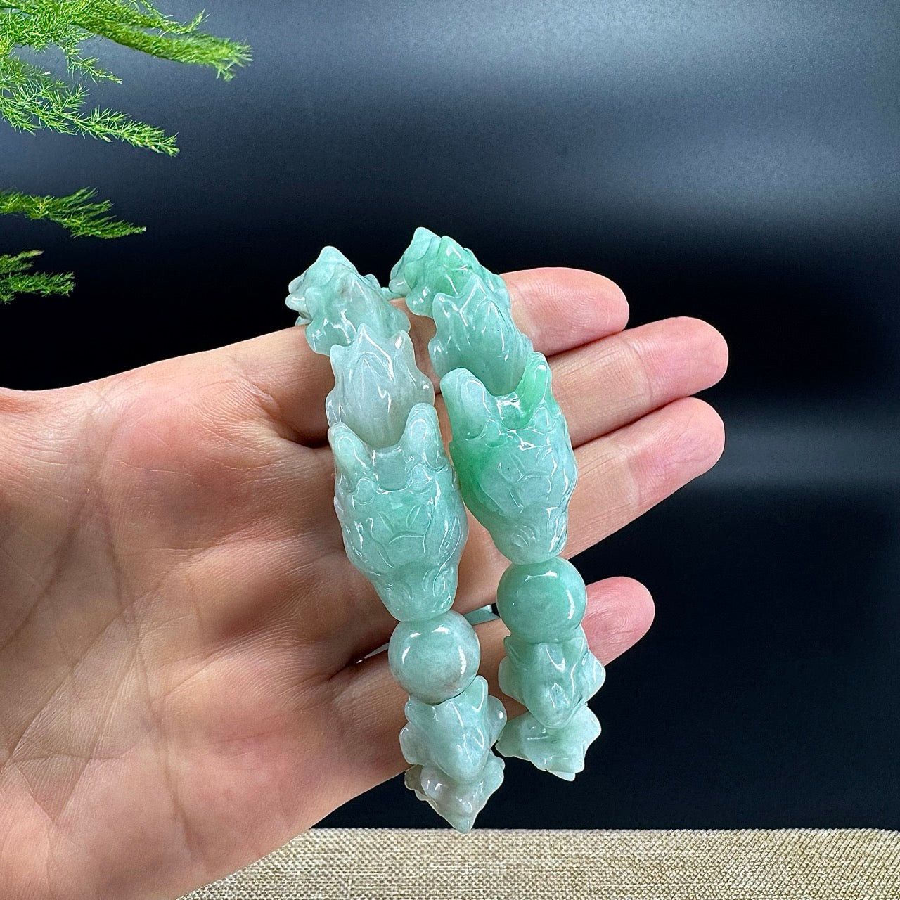 Natural Green Jadeite Jade Dragon Beads Bracelet