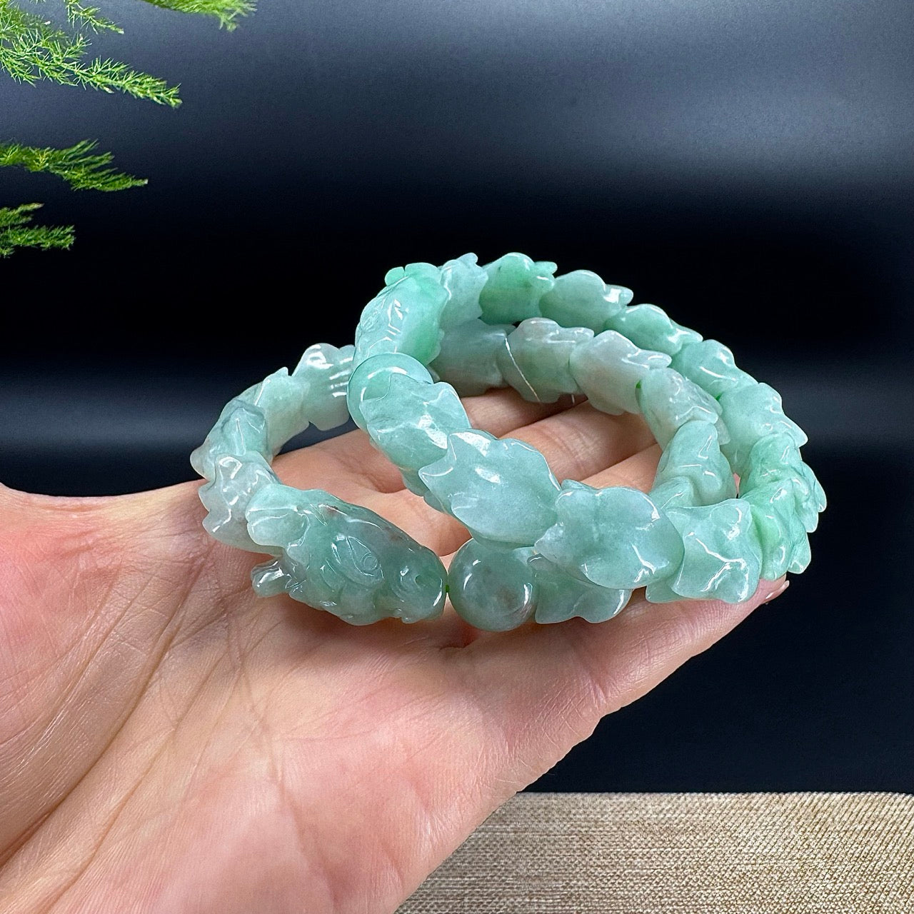 Natural Green Jadeite Jade Dragon Beads Bracelet