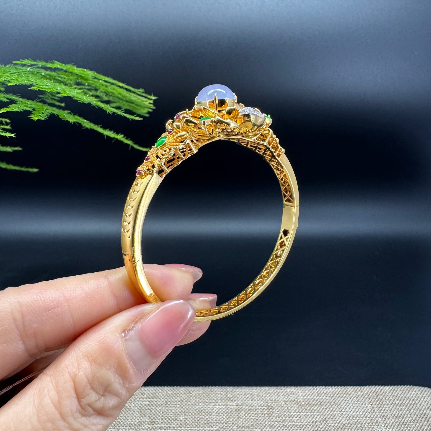 RealJade Luxury 18K Yellow Gold Genuine Multicolor Jadeite Jade Bracelet With Diamonds