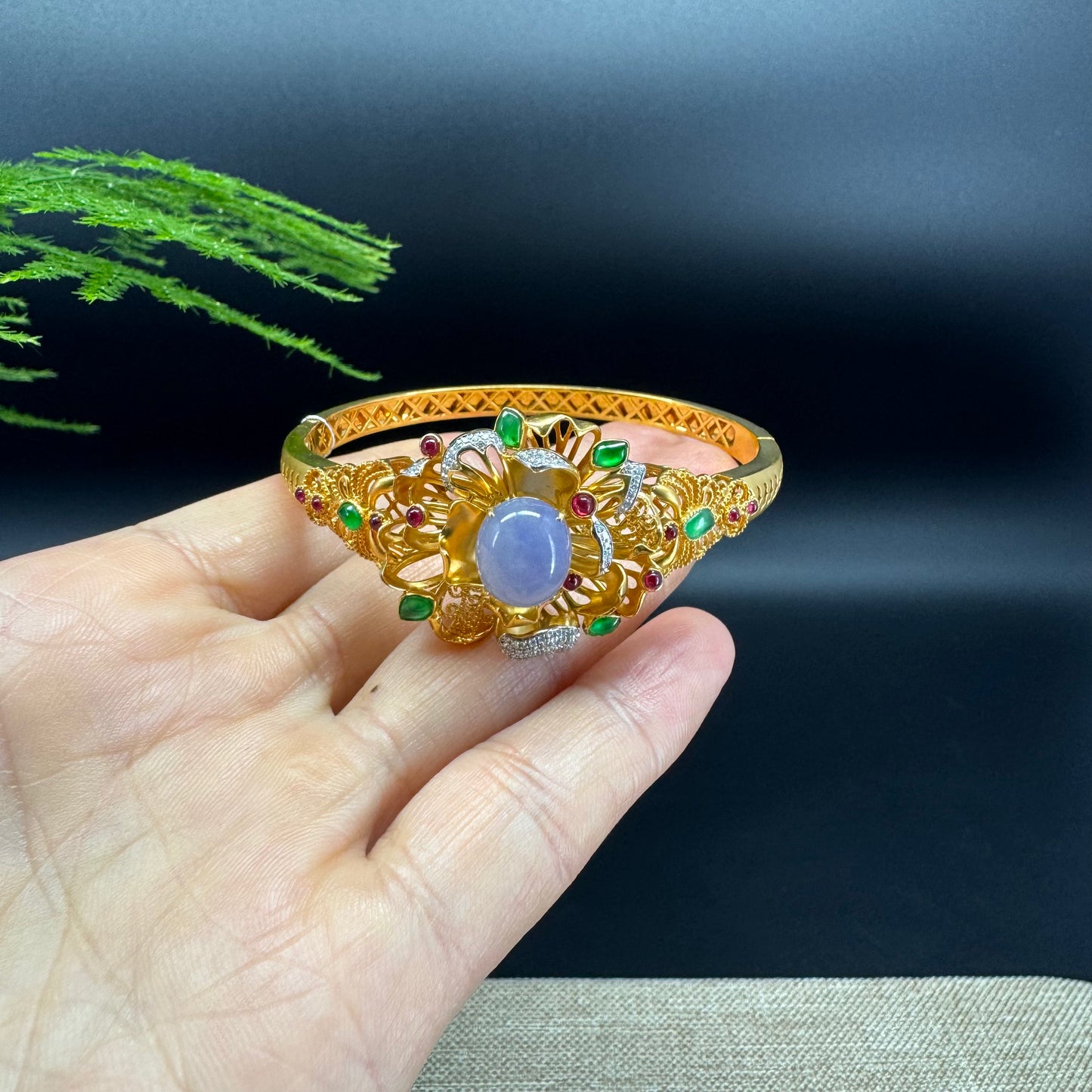 RealJade Luxury 18K Yellow Gold Genuine Multicolor Jadeite Jade Bracelet With Diamonds