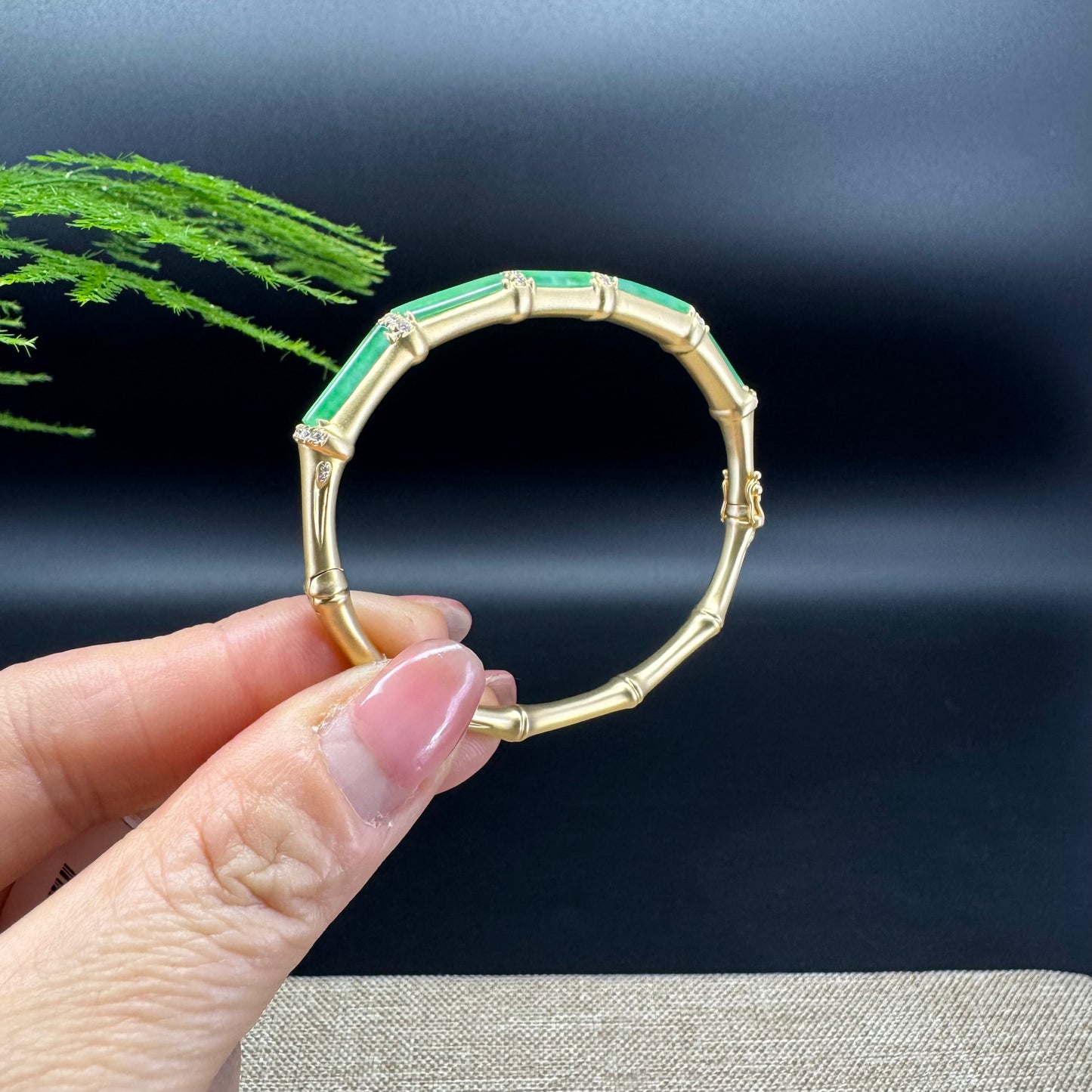 RealJade Luxury 18K Yellow Gold Genuine Green Jadeite Jade Bamboo Bangle