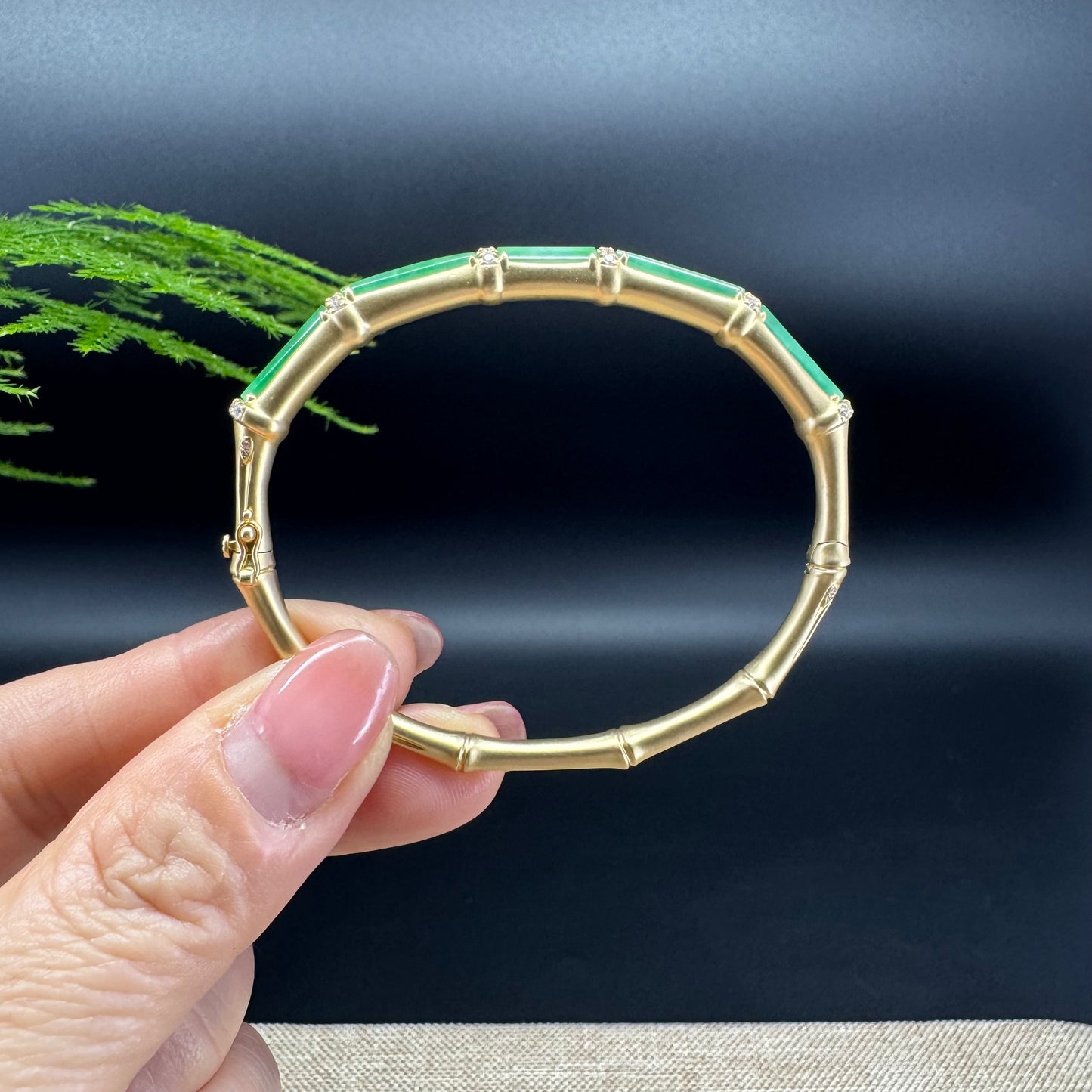RealJade Luxury 18K Yellow Gold Genuine Green Jadeite Jade Bamboo Bangle