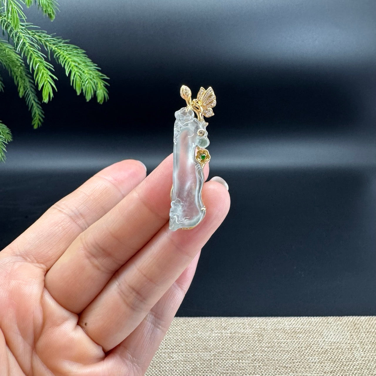 RealJade® "Plum Blossom Tree" 18K Yellow Gold Icy Jadeite Jade Classic Pendant & Brooch