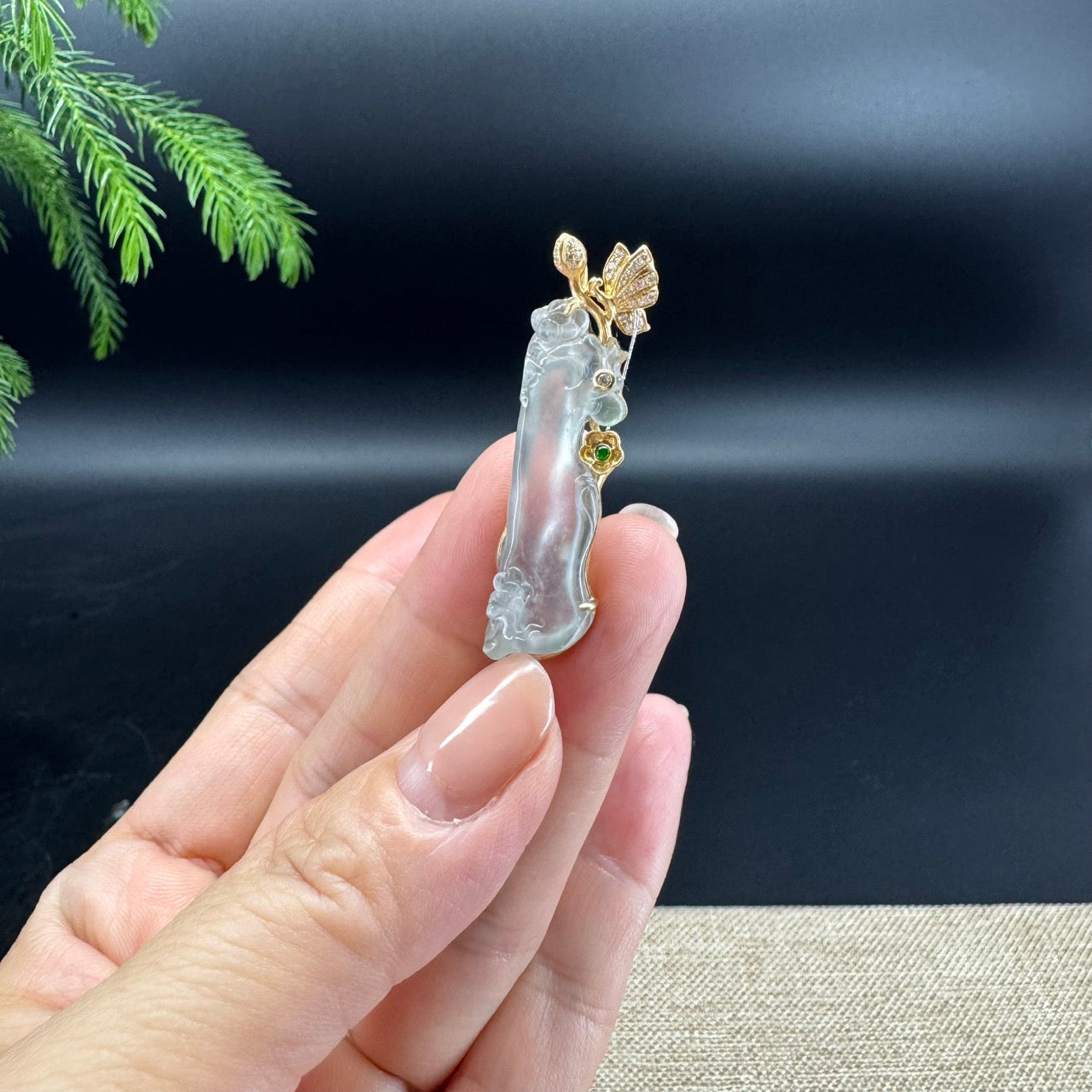 RealJade® "Plum Blossom Tree" 18K Yellow Gold Icy Jadeite Jade Classic Pendant & Brooch