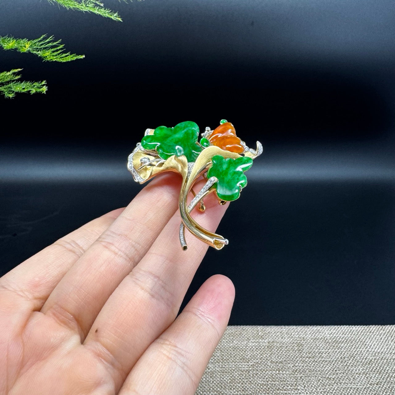 RealJade® "Ginkgo Leaf" 18K Yellow Gold Imperial Green & Red Jadeite Jade Brooch