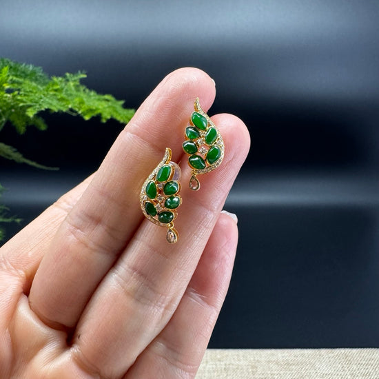 18k Yellow Gold Imperial Green Jadeite Jade Leaf Earrings with Diamonds