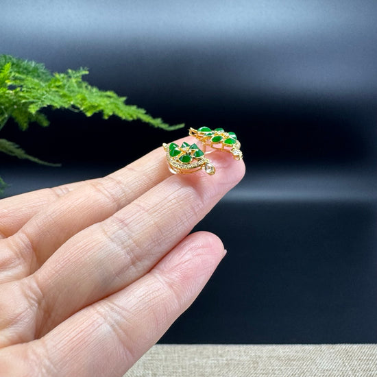 18k Yellow Gold Imperial Green Jadeite Jade Leaf Earrings with Diamonds