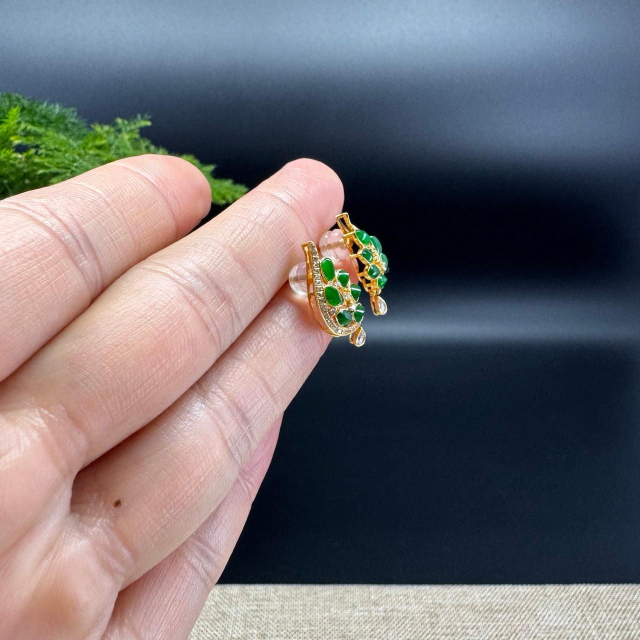 18k Yellow Gold Imperial Green Jadeite Jade Leaf Earrings with Diamonds