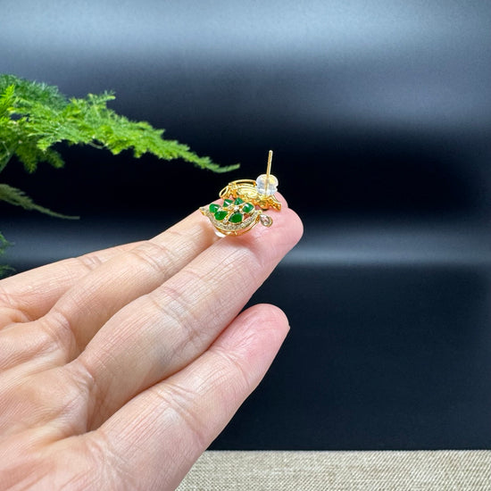 18k Yellow Gold Imperial Green Jadeite Jade Leaf Earrings with Diamonds