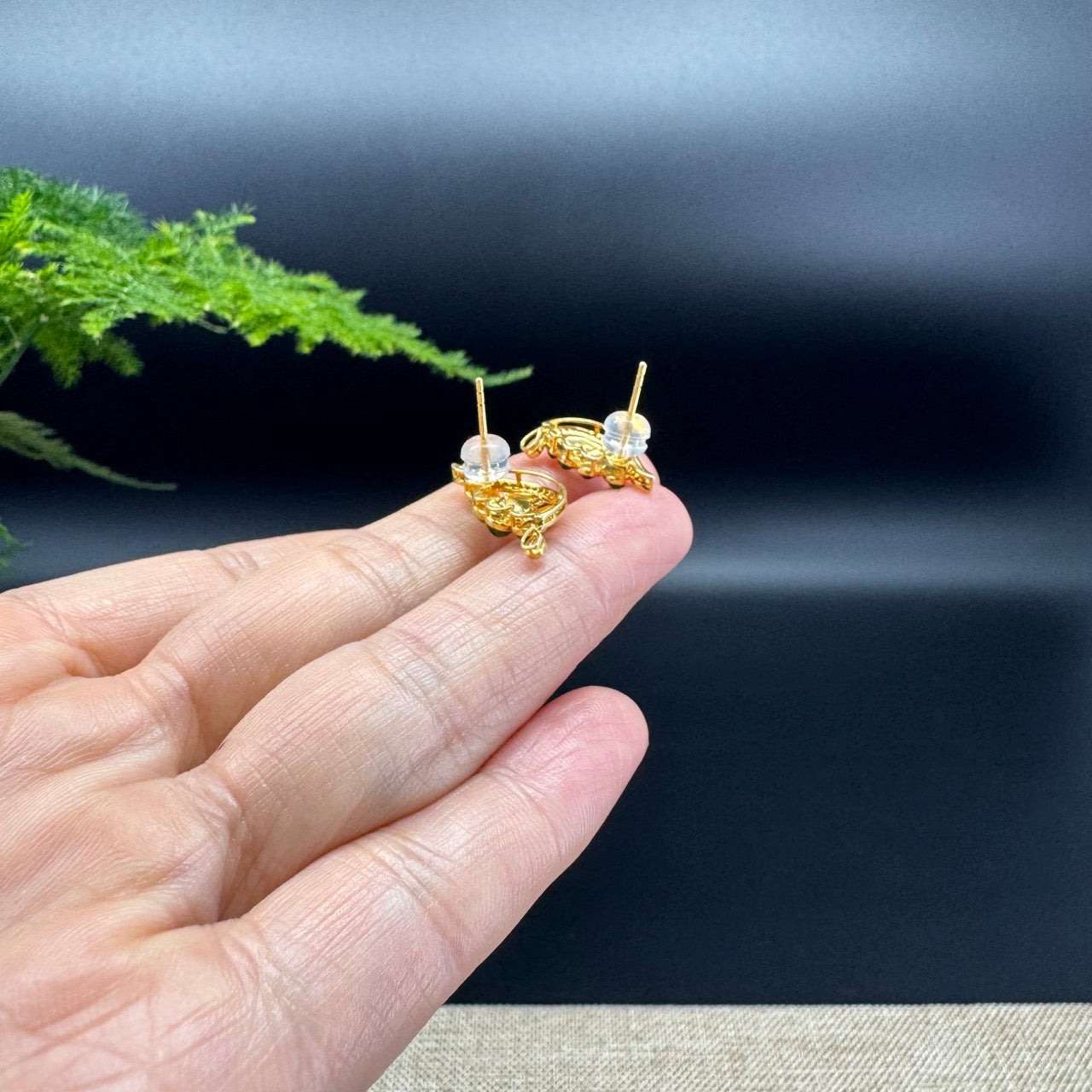 18k Yellow Gold Imperial Green Jadeite Jade Leaf Earrings with Diamonds