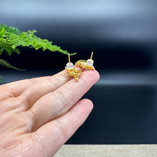 18k Yellow Gold Imperial Green Jadeite Jade Leaf Earrings with Diamonds