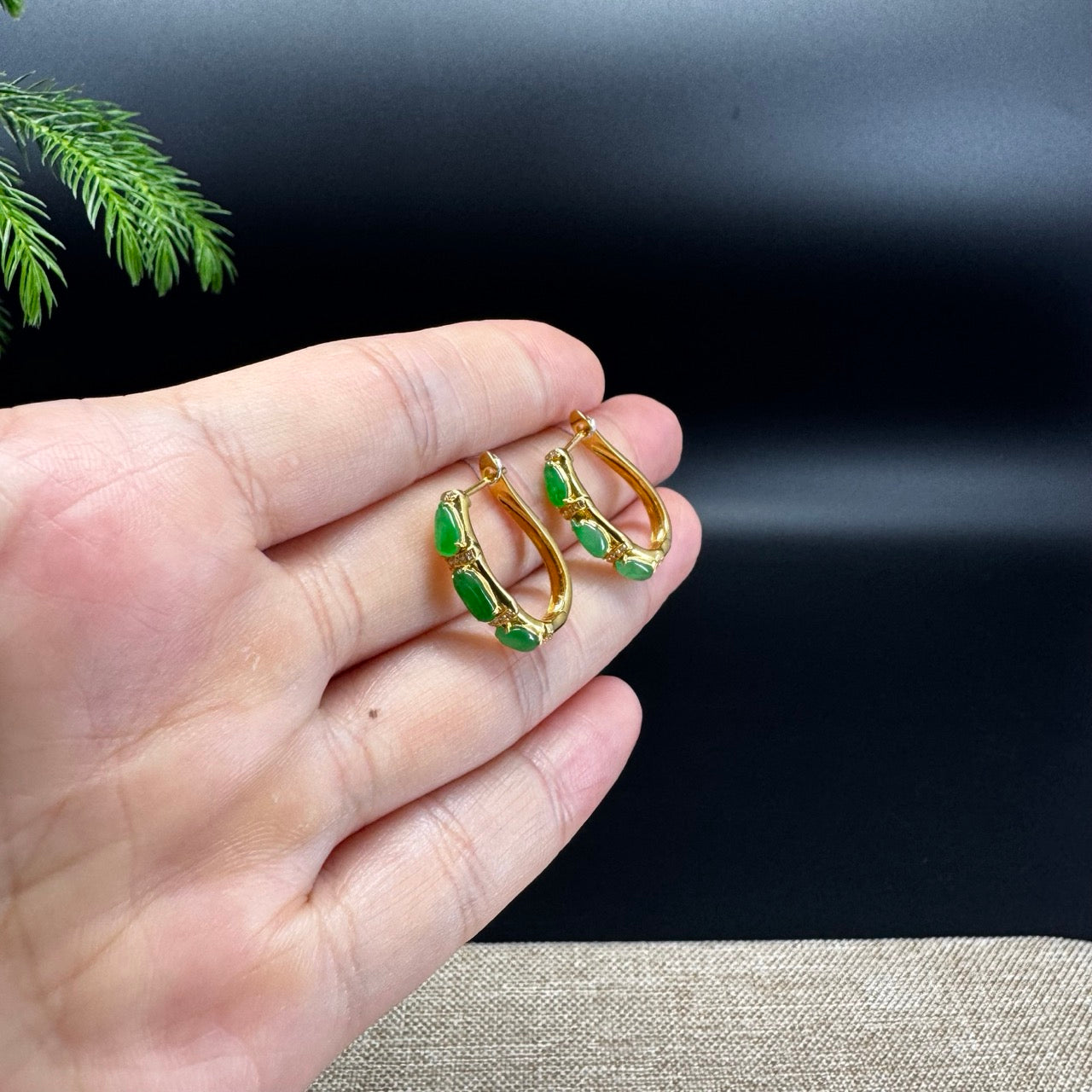 RealJade® 18k Yellow Gold Green Jadeite Jade Diamonds Earrings