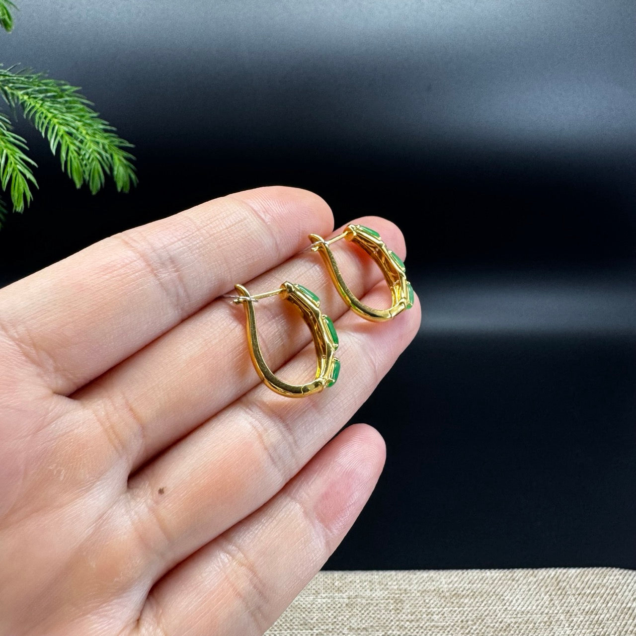 RealJade® 18k Yellow Gold Green Jadeite Jade Diamonds Earrings