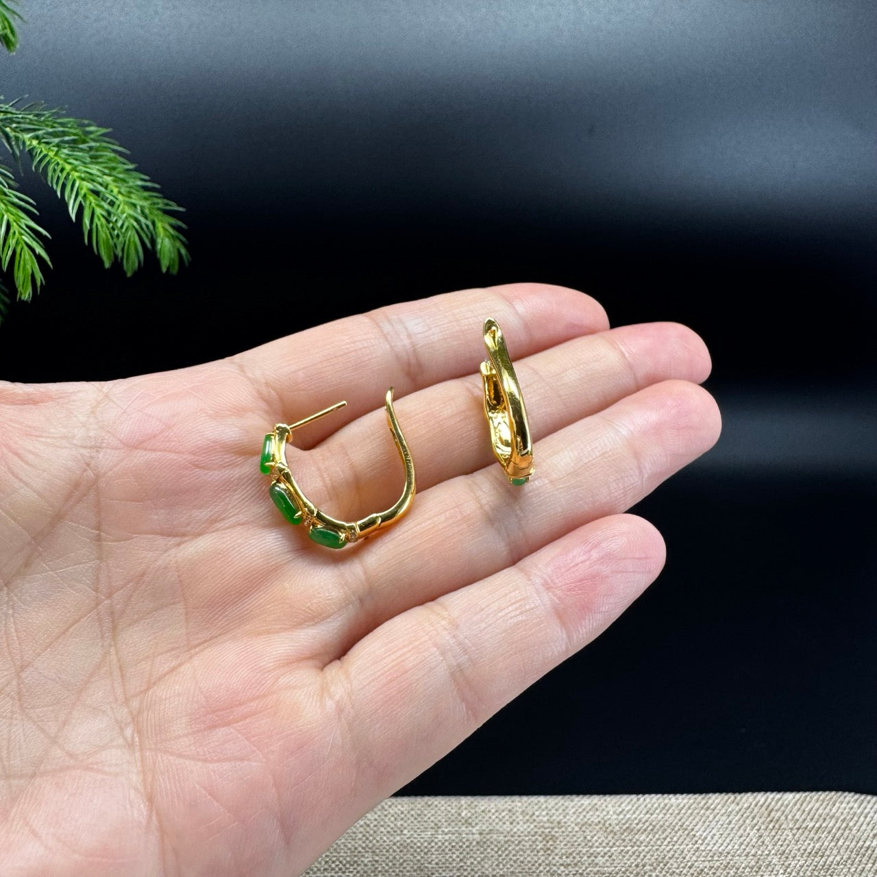 RealJade® 18k Yellow Gold Green Jadeite Jade Diamonds Earrings