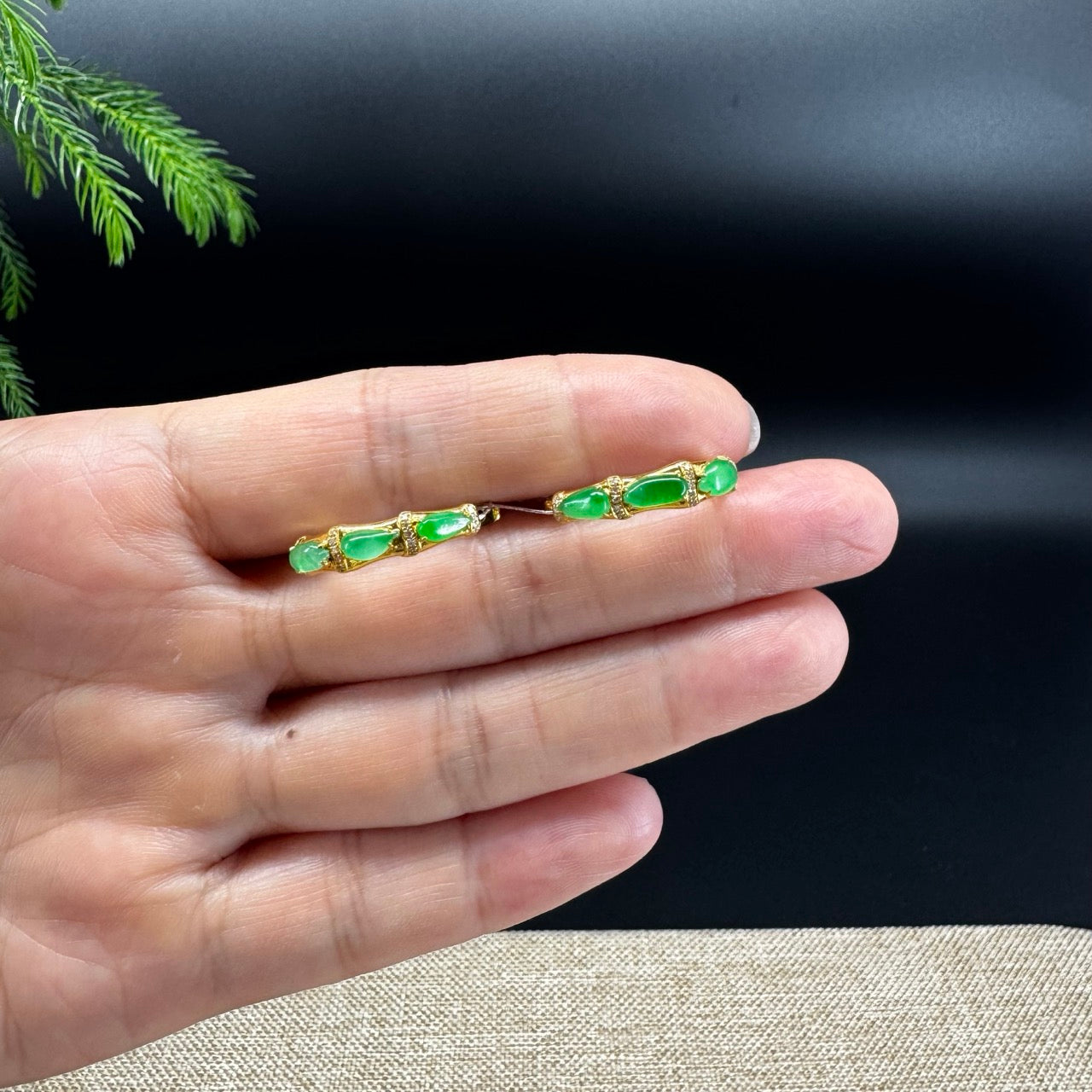 RealJade® 18k Yellow Gold Green Jadeite Jade Diamonds Earrings