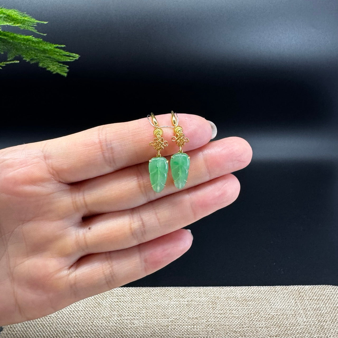 18k Yellow Gold Genuine Apple Green Jadeite Jade Leaf Earrings