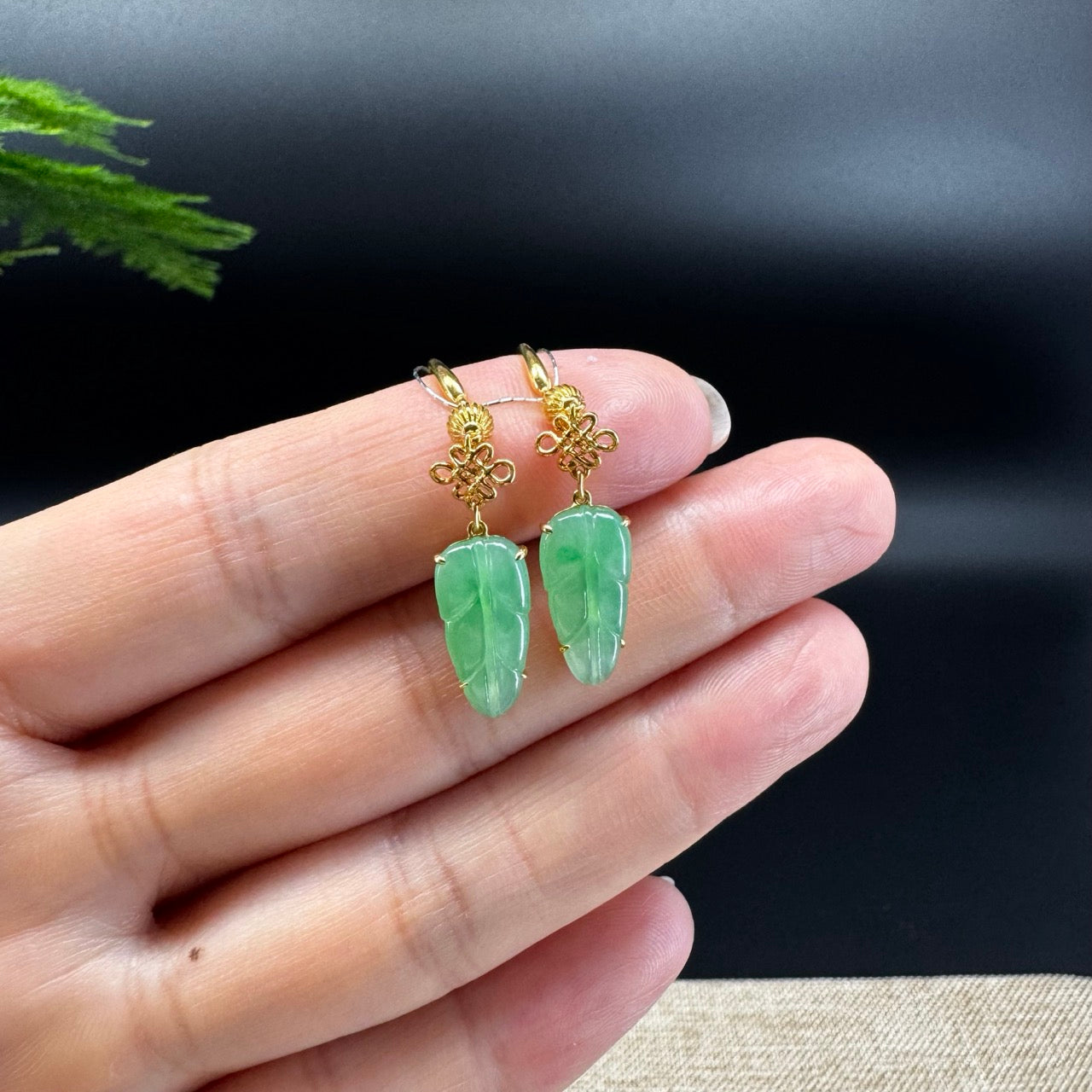 18k Yellow Gold Genuine Apple Green Jadeite Jade Leaf Earrings