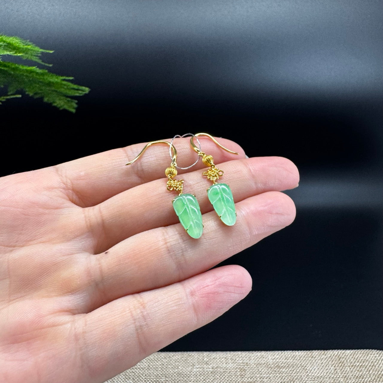 18k Yellow Gold Genuine Apple Green Jadeite Jade Leaf Earrings