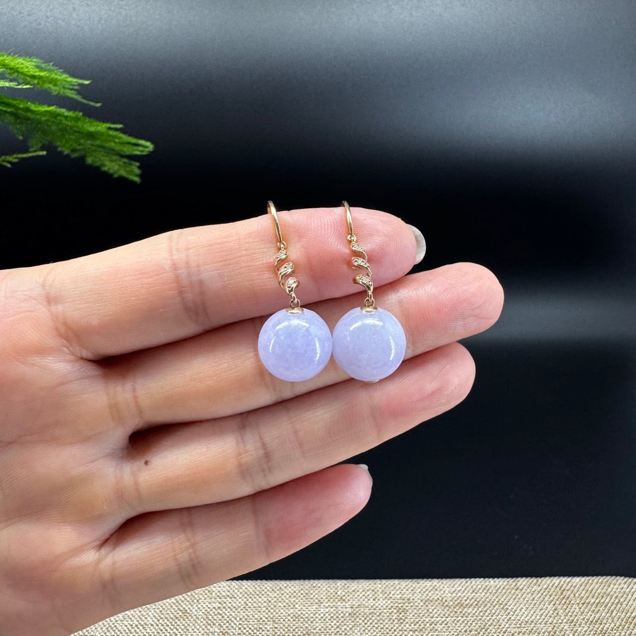 18k Rose Gold Genuine Lavender Bead Jadeite Jade Diamonds Earrings