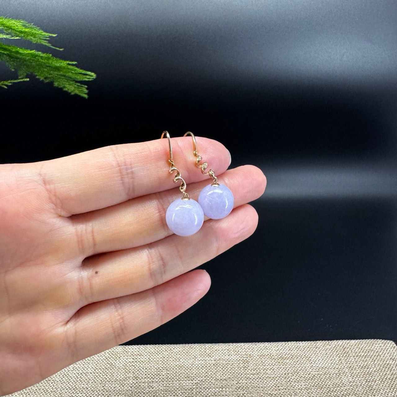 18k Rose Gold Genuine Lavender Bead Jadeite Jade Diamonds Earrings