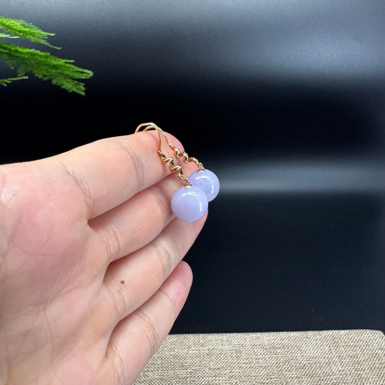 18k Rose Gold Genuine Lavender Bead Jadeite Jade Diamonds Earrings