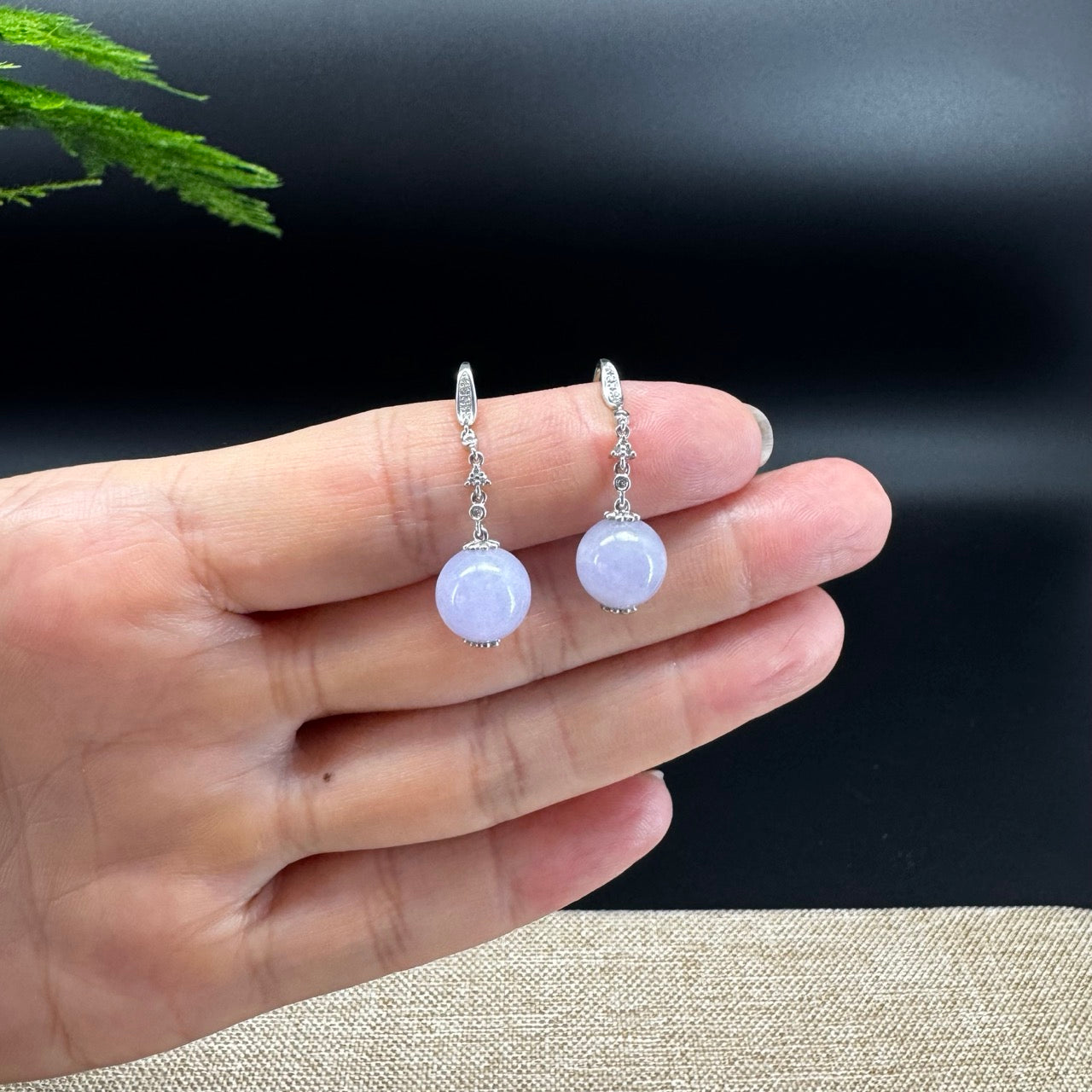 18k White Gold Genuine Lavender Bead Jadeite Jade Diamonds Earrings