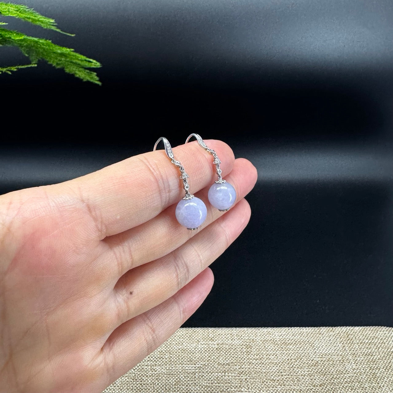 18k White Gold Genuine Lavender Bead Jadeite Jade Diamonds Earrings