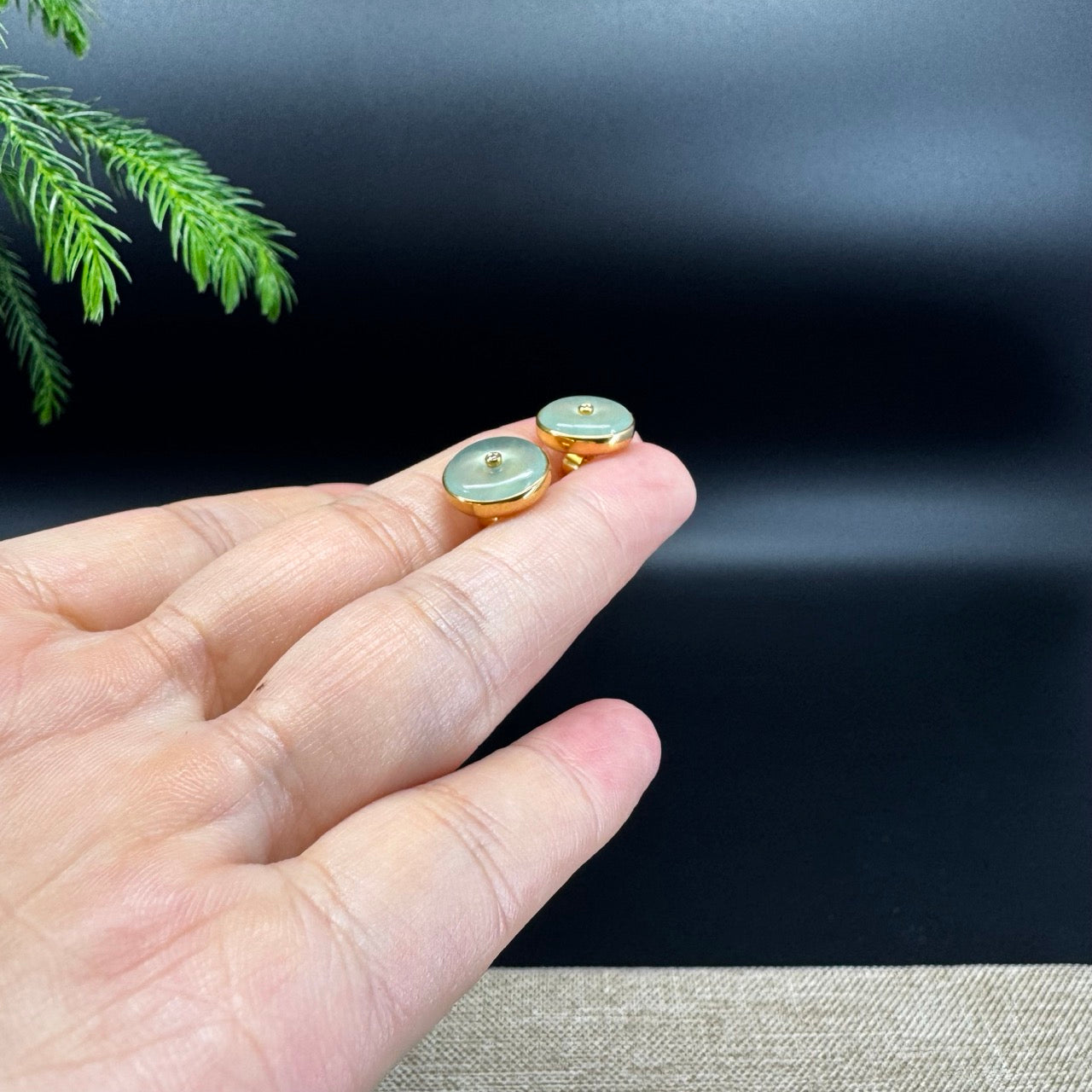 18k Yellow Gold Genuine Light Green Koukou Jadeite Jade Stud Earrings