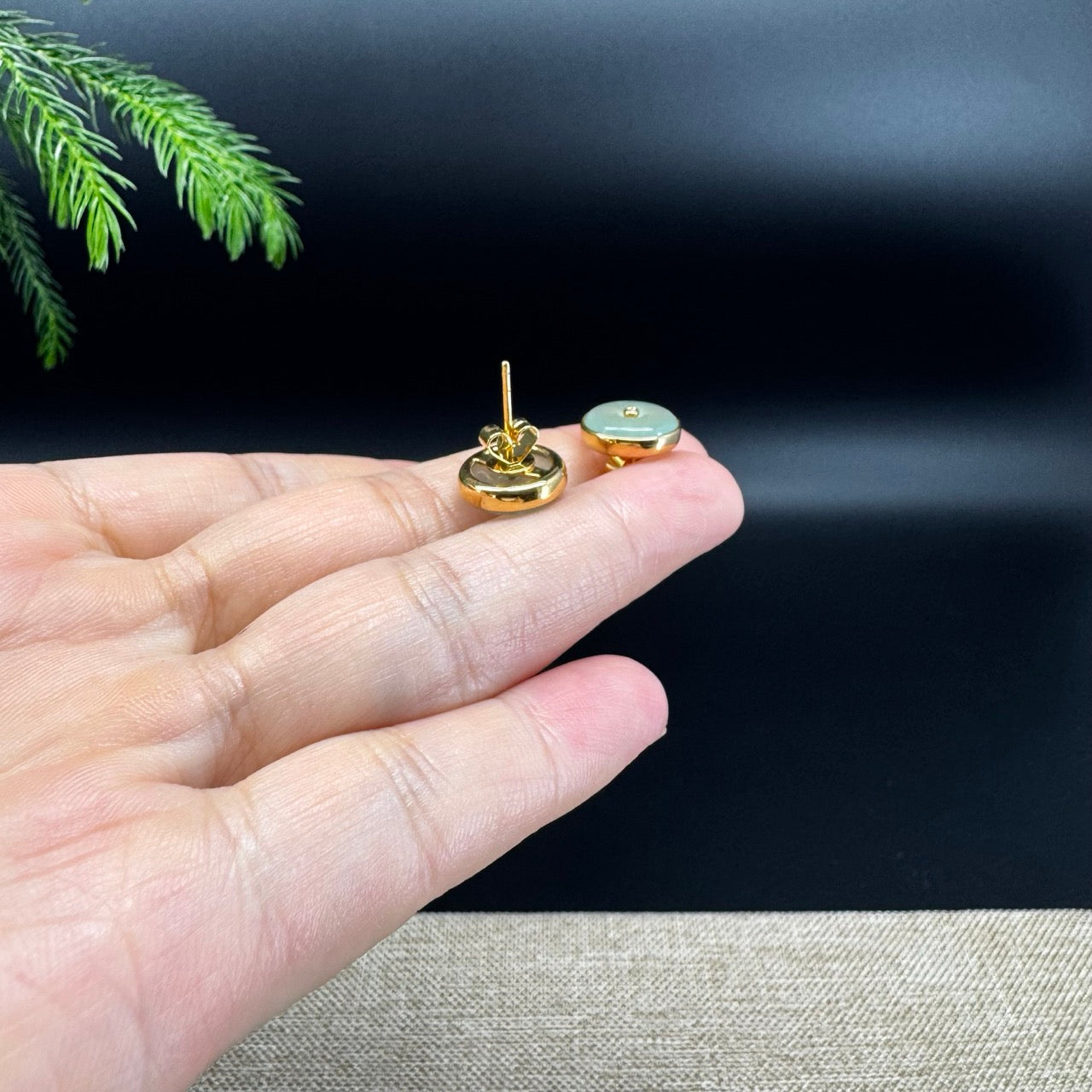 18k Yellow Gold Genuine Light Green Koukou Jadeite Jade Stud Earrings