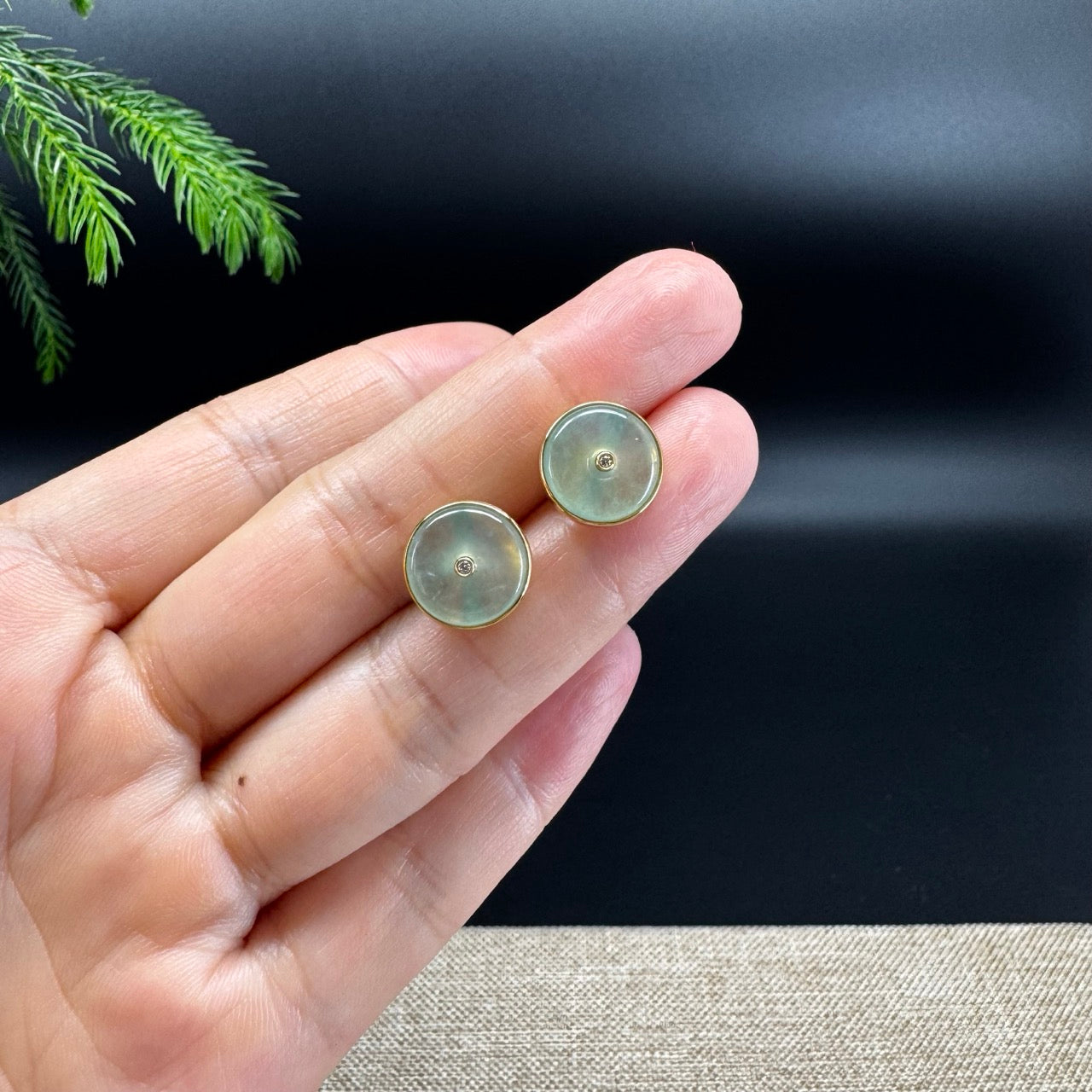 18k Yellow Gold Genuine Light Green Koukou Jadeite Jade Stud Earrings