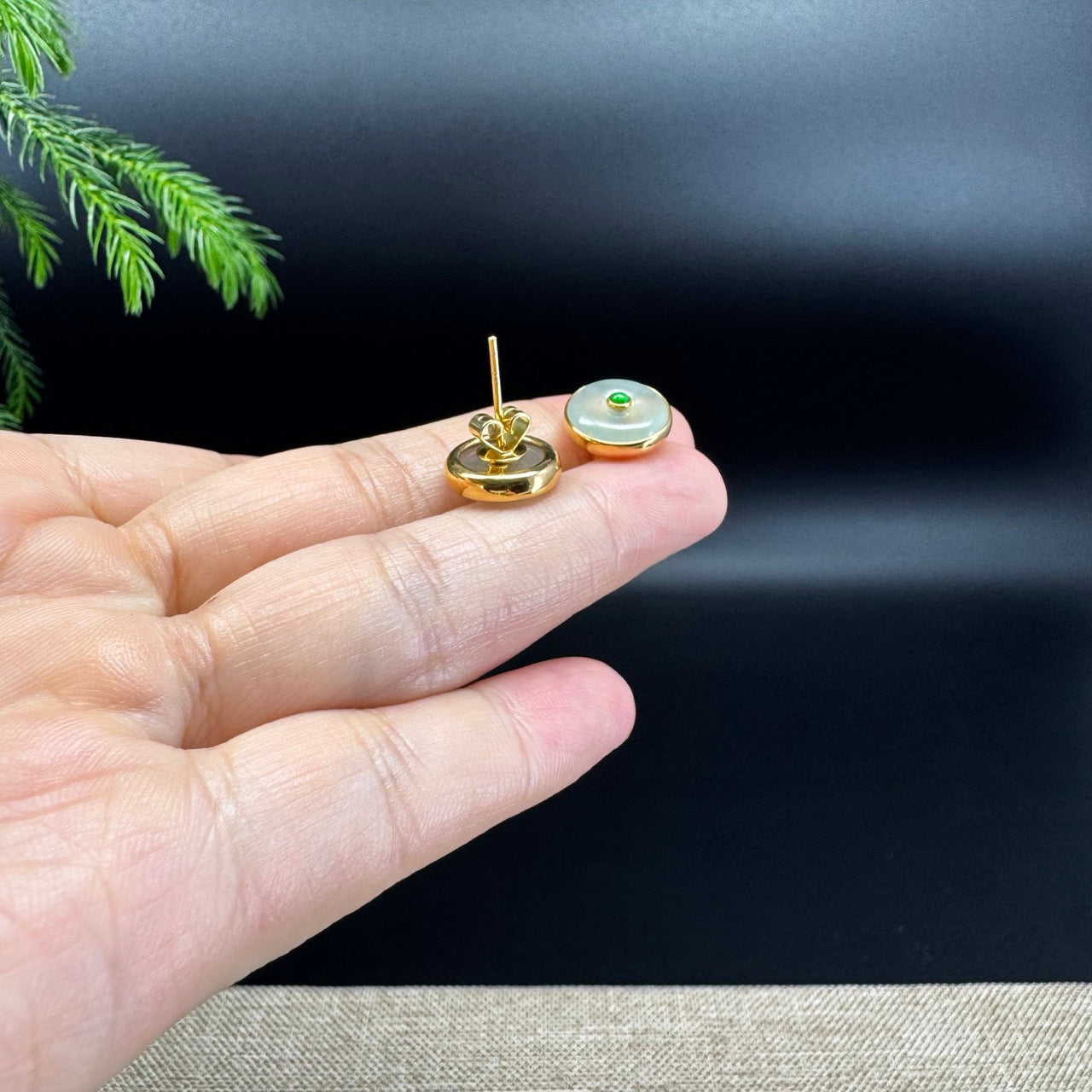 18k Yellow Gold Genuine Light Green Koukou Jadeite Jade Stud Earrings
