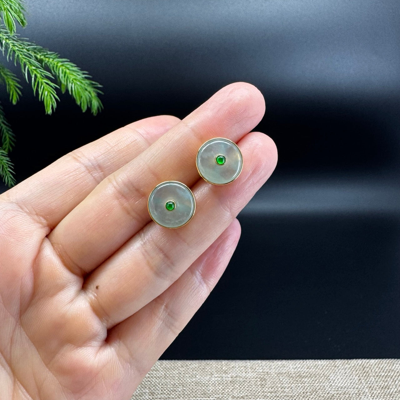 18k Yellow Gold Genuine Light Green Koukou Jadeite Jade Stud Earrings