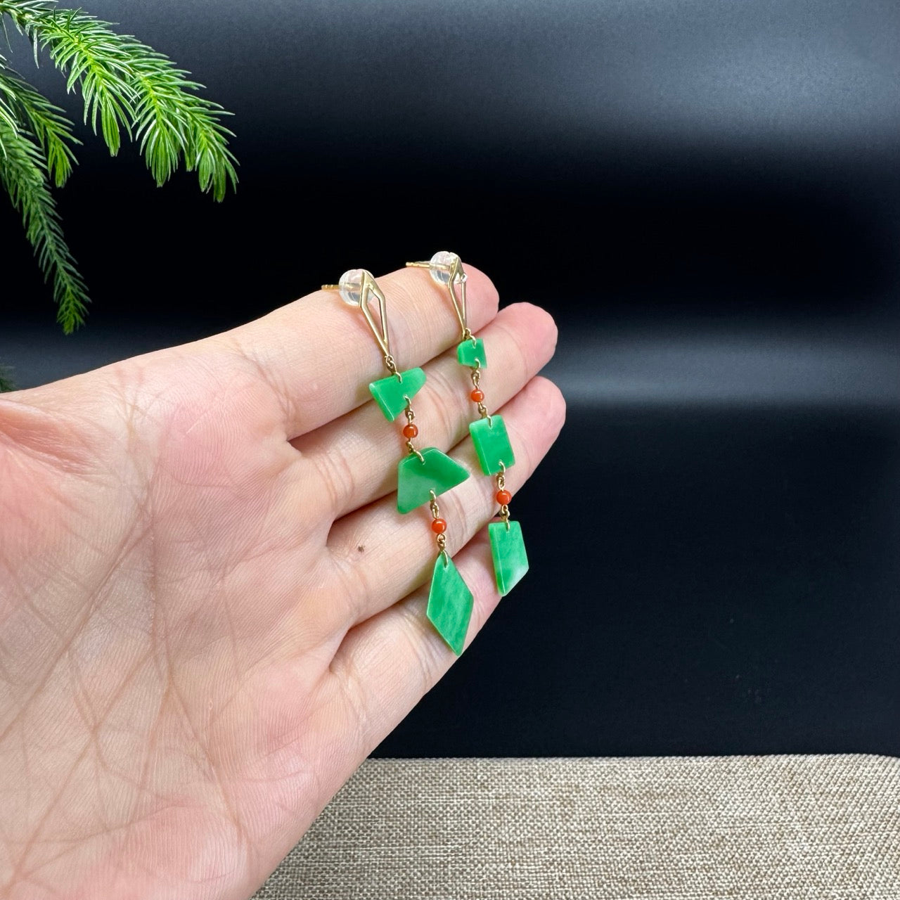 18k Yellow Gold Genuine Green Jadeite Jade Earrings