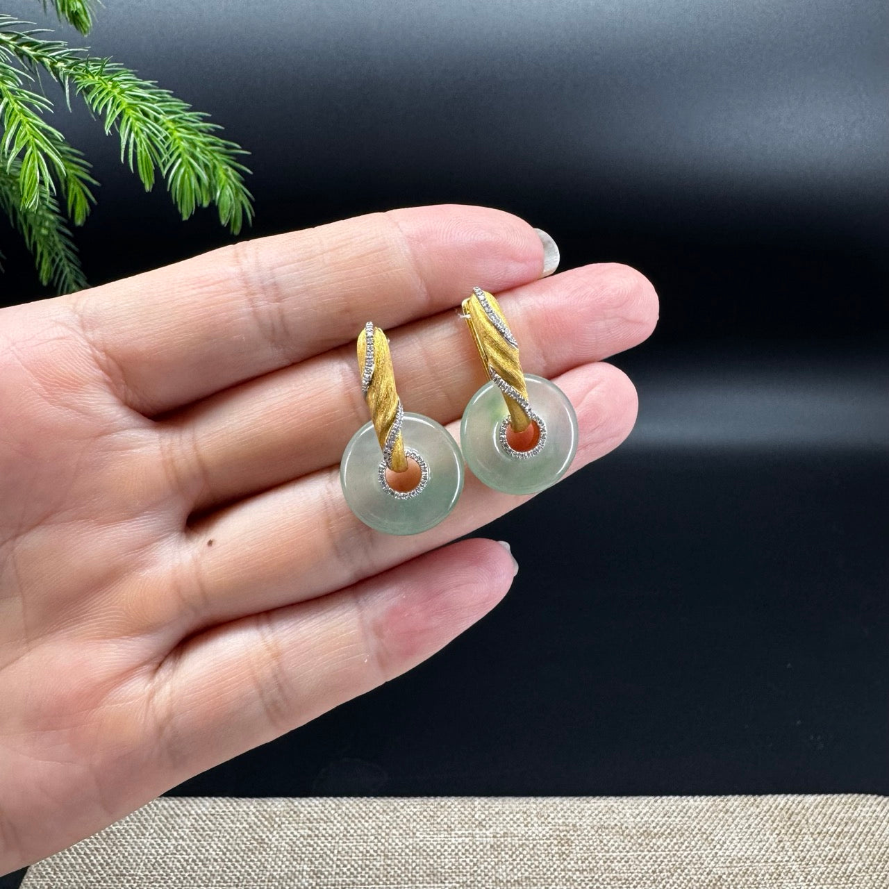 18k Yellow Gold Genuine Icy Green Koukou Jadeite Jade Diamonds Earrings