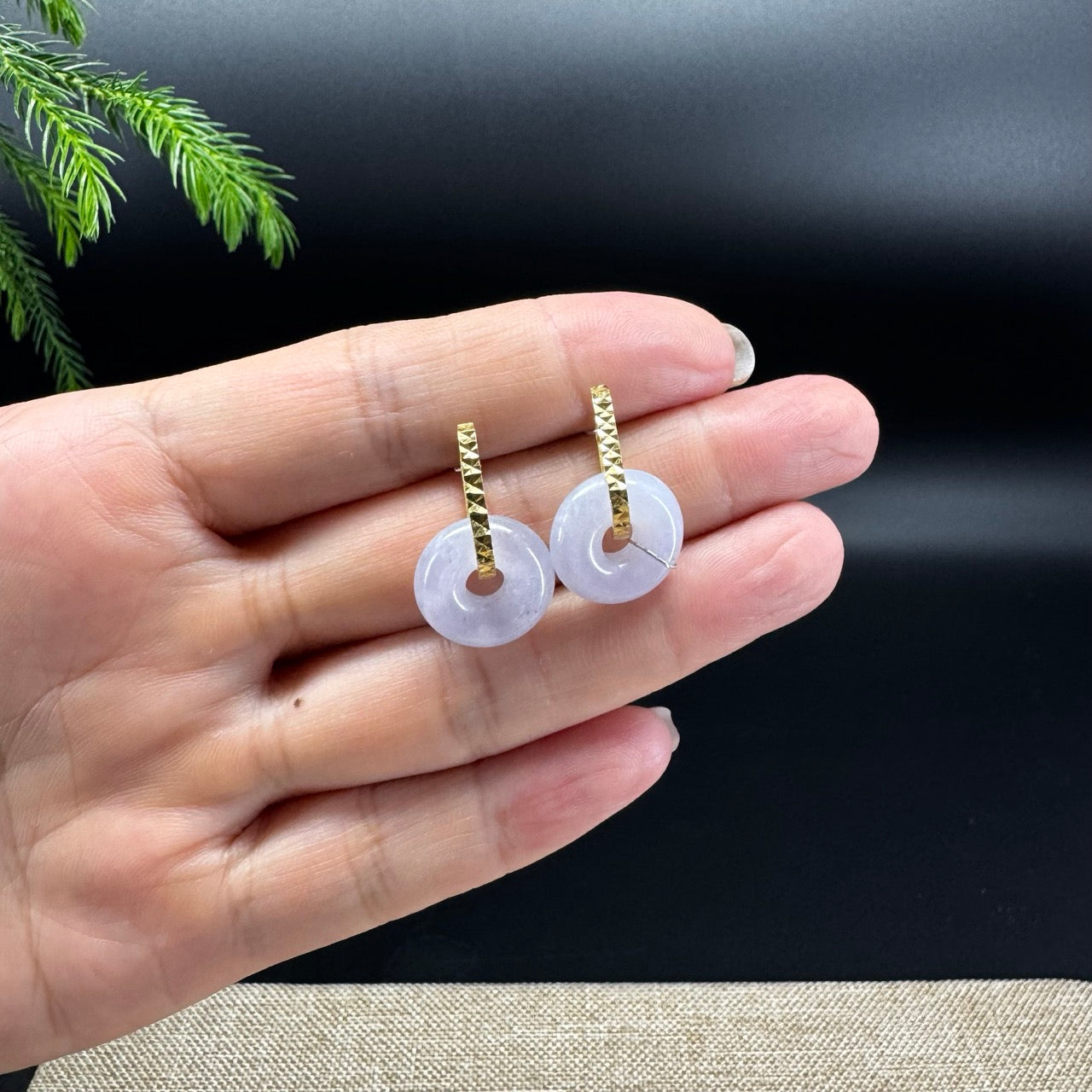 18k Yellow Gold Genuine Lavender Koukou Jadeite Jade Earrings