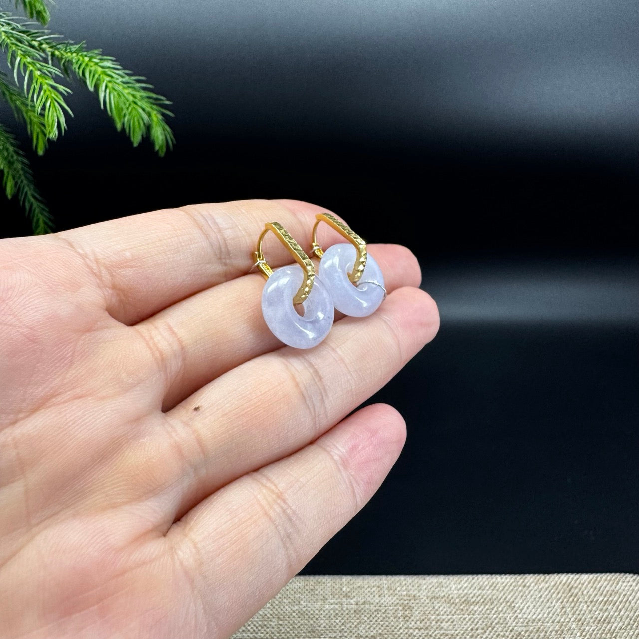 18k Yellow Gold Genuine Lavender Koukou Jadeite Jade Earrings