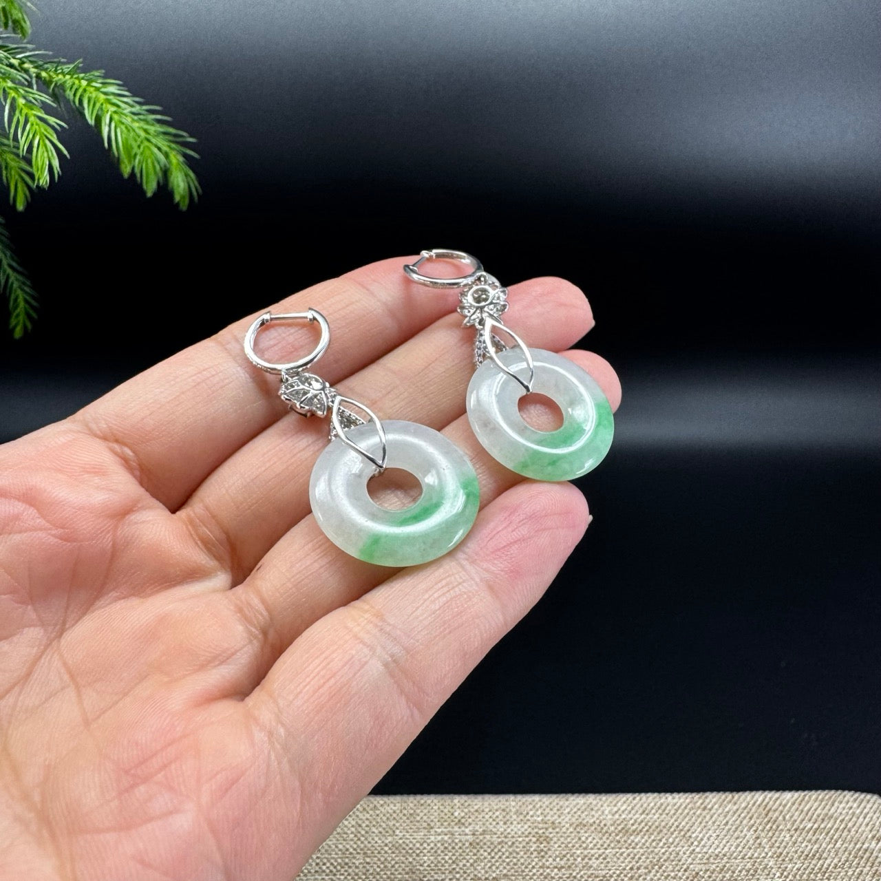 18k White Gold Genuine White Green(BDC) KouKou Jadeite Jade Earrings With Diamonds