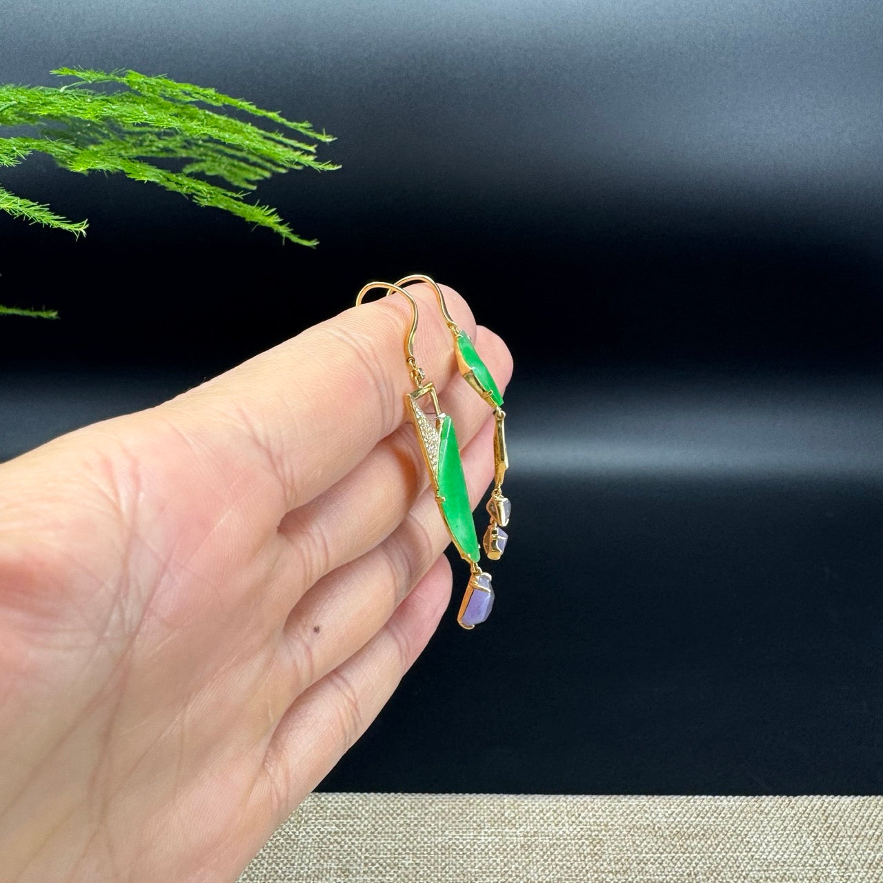 18k Yellow Gold Genuine Green&Lavender Jadeite Jade Earrings