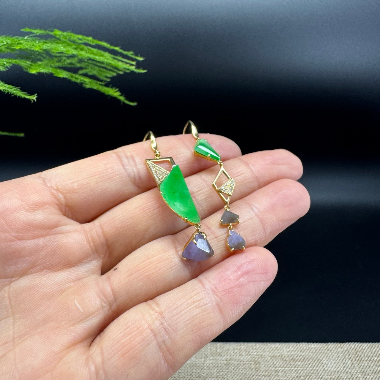 18k Yellow Gold Genuine Green&Lavender Jadeite Jade Earrings