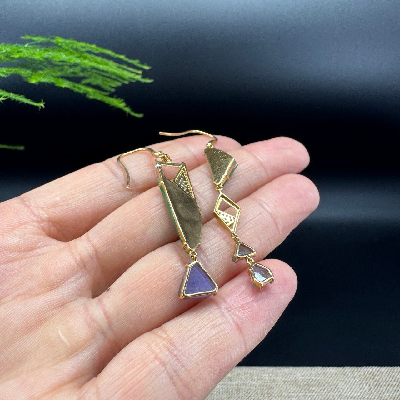 18k Yellow Gold Genuine Green&Lavender Jadeite Jade Earrings