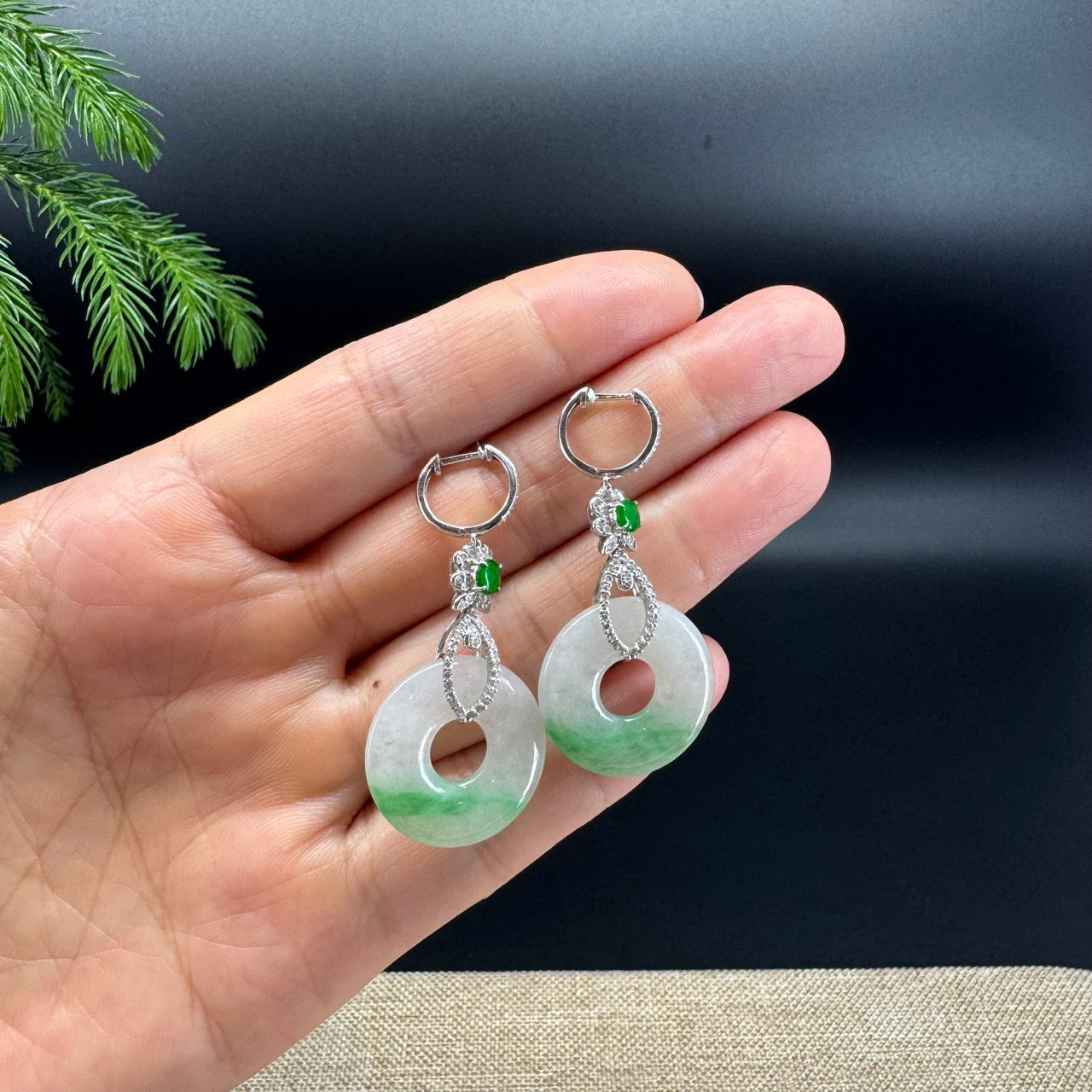 18k White Gold Genuine White Green(BDC) KouKou Jadeite Jade Earrings With Diamonds