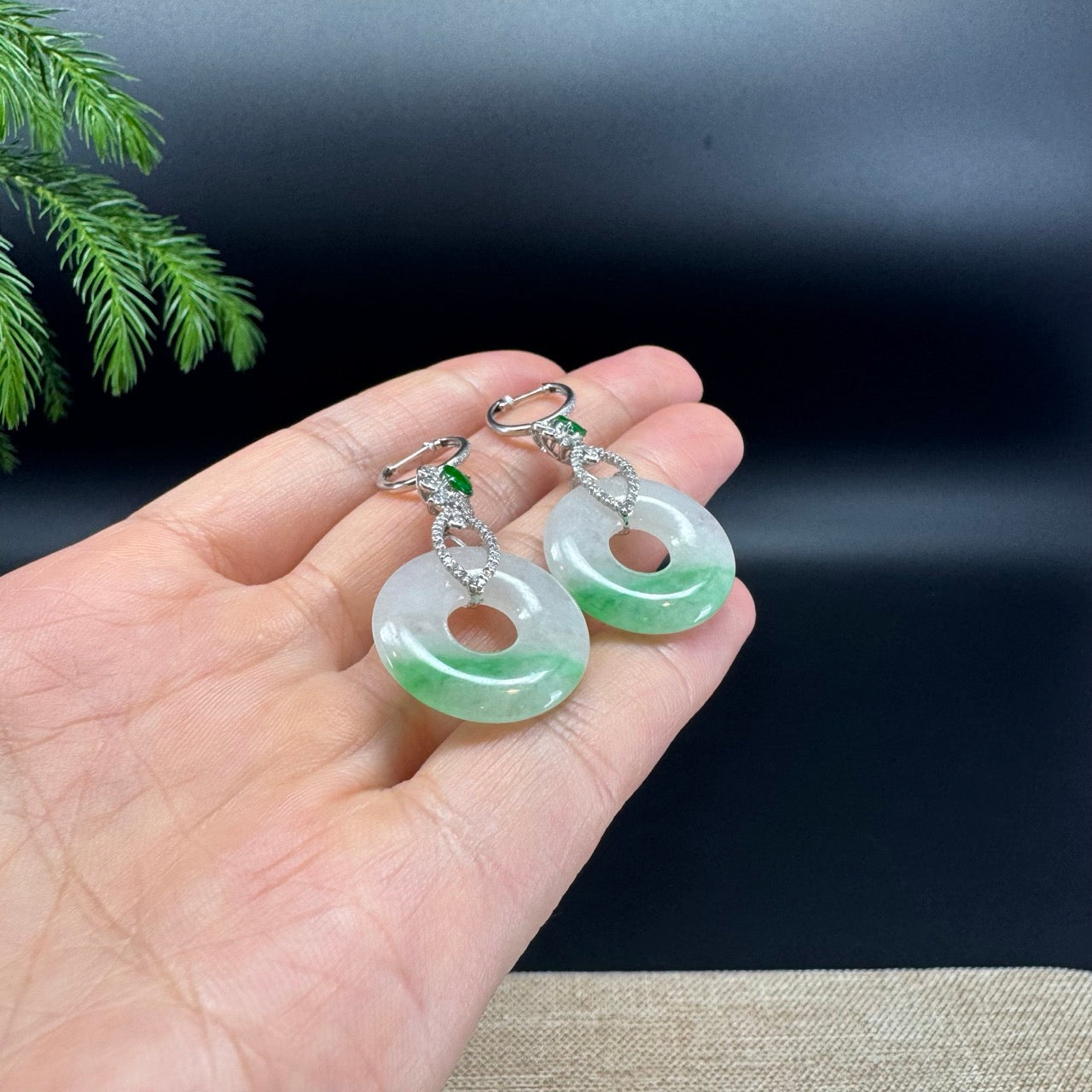 18k White Gold Genuine White Green(BDC) KouKou Jadeite Jade Earrings With Diamonds