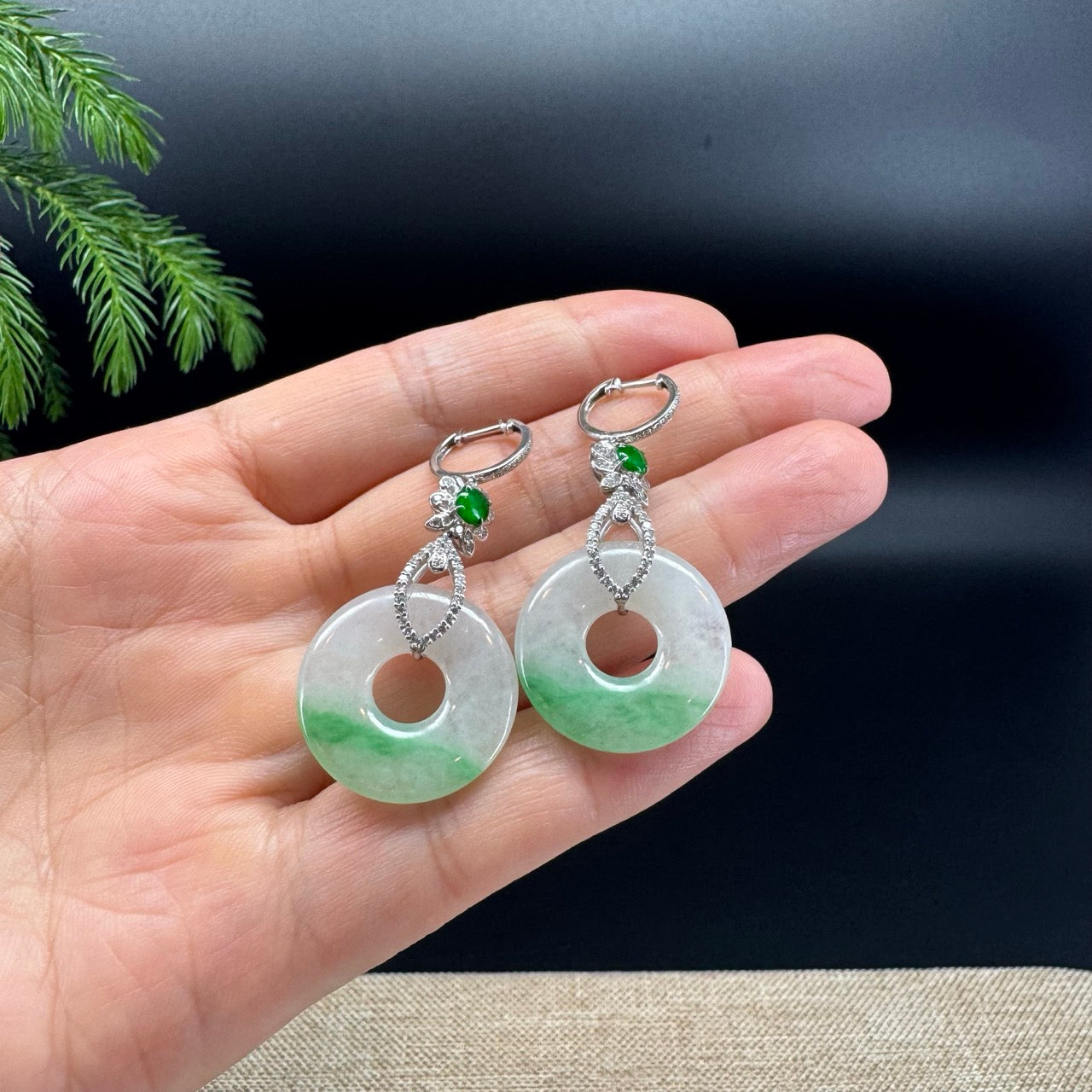 18k White Gold Genuine White Green(BDC) KouKou Jadeite Jade Earrings With Diamonds