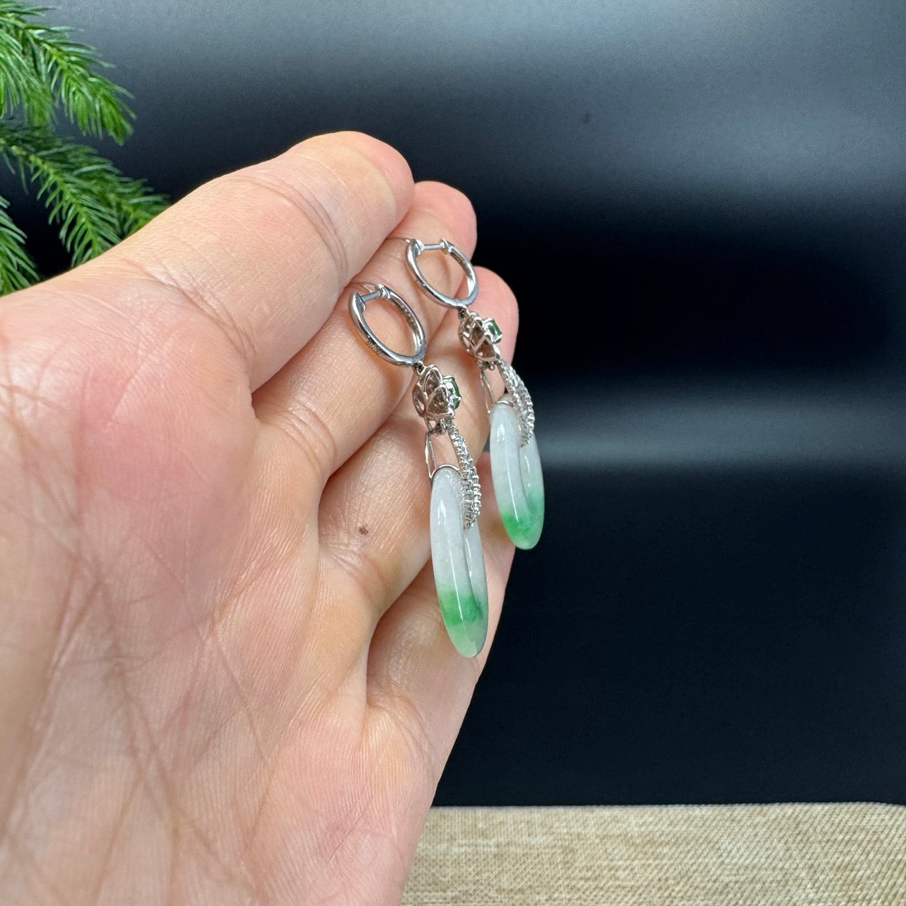 18k White Gold Genuine White Green(BDC) KouKou Jadeite Jade Earrings With Diamonds