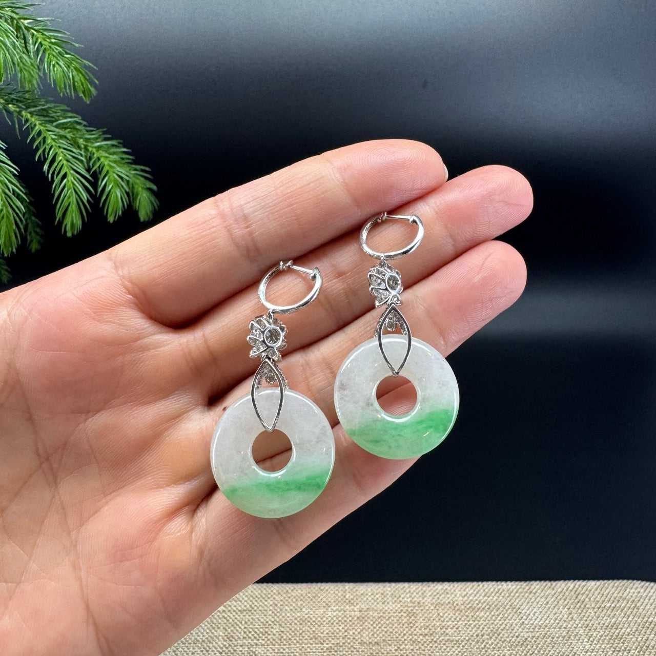 18k White Gold Genuine White Green(BDC) KouKou Jadeite Jade Earrings With Diamonds