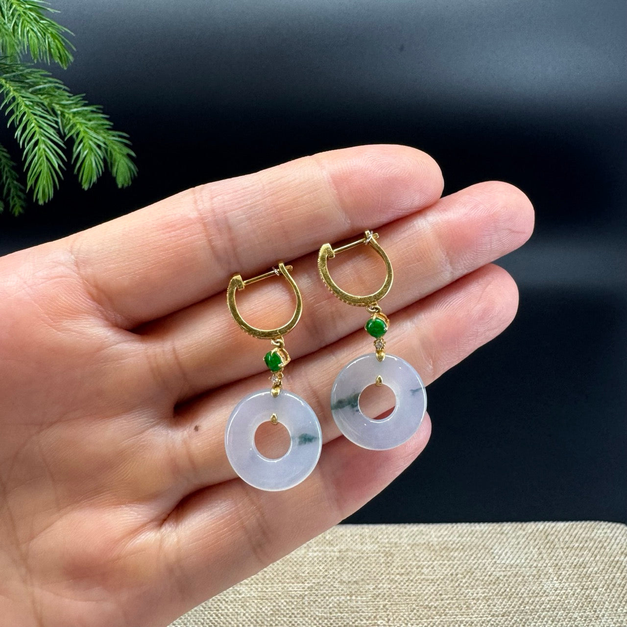 18k Yellow Gold Genuine Icy Lavender Green  KouKou Jadeite Jade Earrings With Diamonds