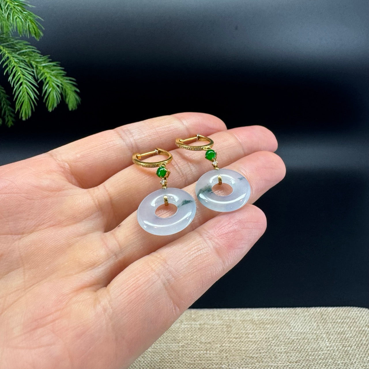 18k Yellow Gold Genuine Icy Lavender Green  KouKou Jadeite Jade Earrings With Diamonds