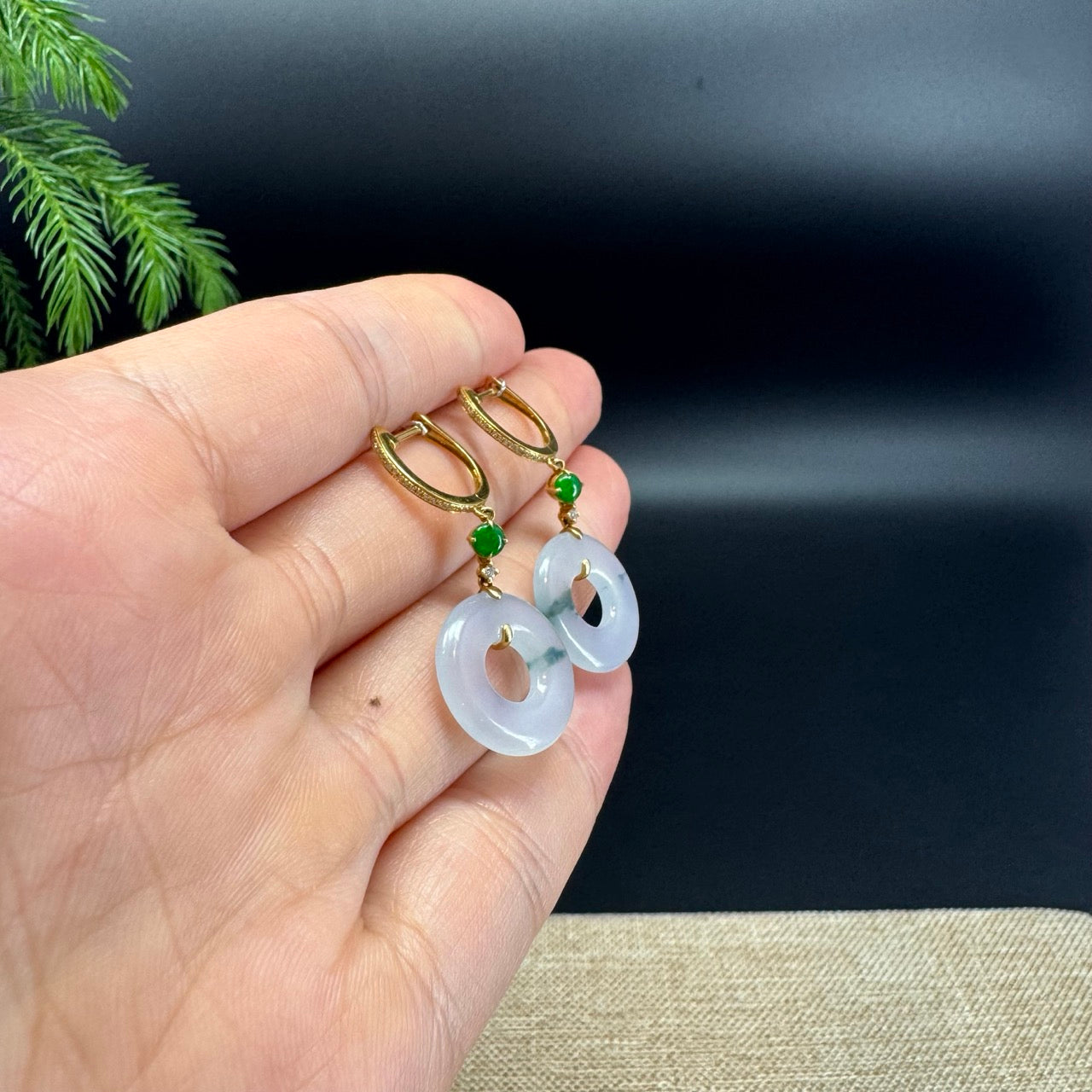 18k Yellow Gold Genuine Icy Lavender Green  KouKou Jadeite Jade Earrings With Diamonds